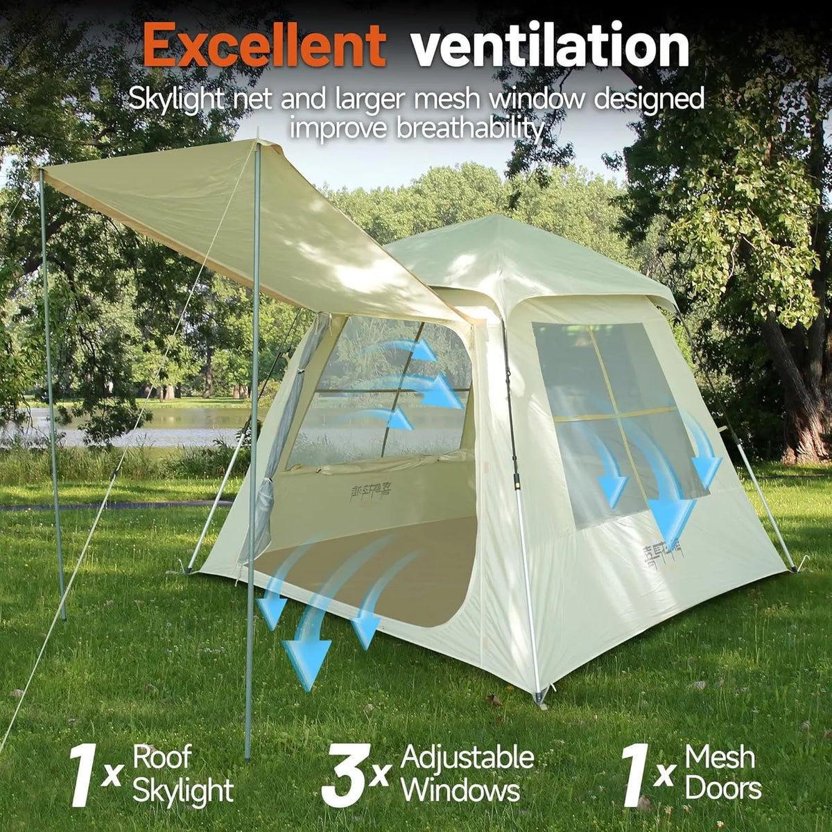 Instant Pop Up Camping Tent - 7'×7' 4 Person, 5-Sided Ventilation, UV-Blocking Top & Hexagonal Awning, Portable for Patio/Beach