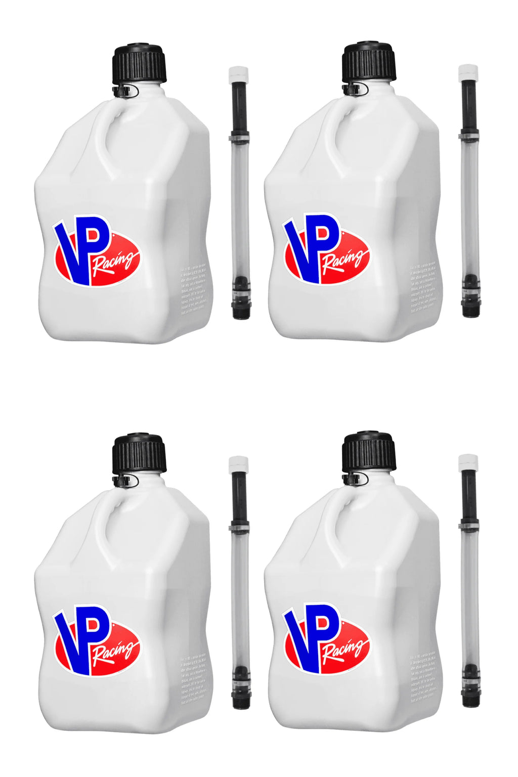 VP Racing Utility Jug 5.5 Gallon + Deluxe Hose - Mix and Match Between 11 Different Colors - Made in the USA (4 Pack, White)