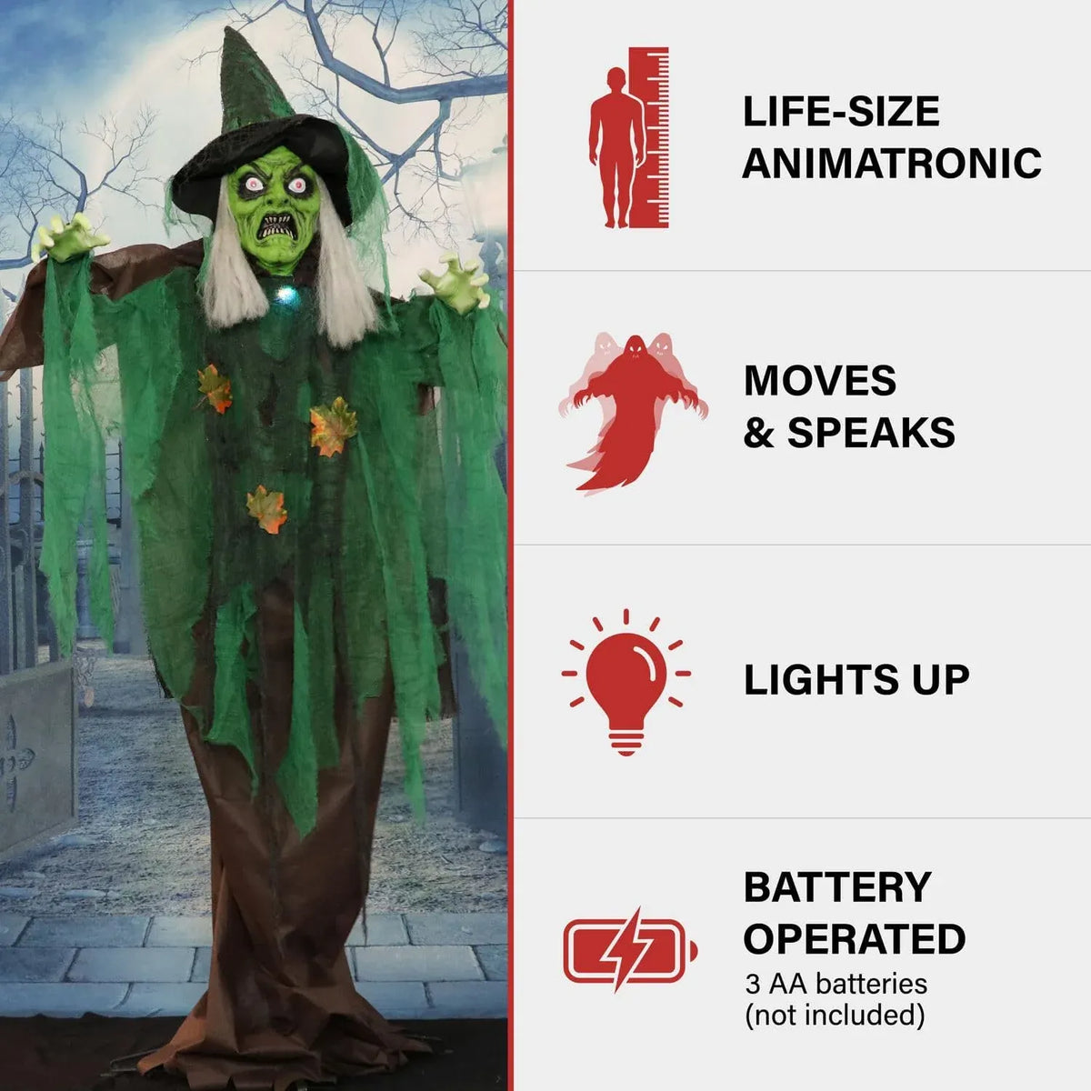 Haunted Hill Farm Talking Forest Witch Halloween Animatronic with Movement and Lights for Battery Operated Scary Indoor or Covered Outdoor Halloween Decorations, Creepy Halloween Props for Home
