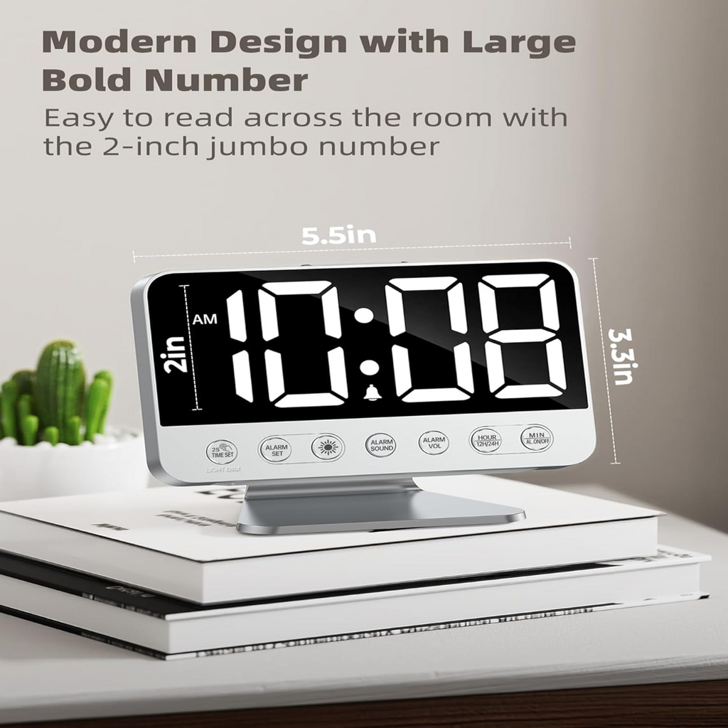 Digital Alarm Clock with Battery Backup and Phone Charging, 2-Inch Large Display