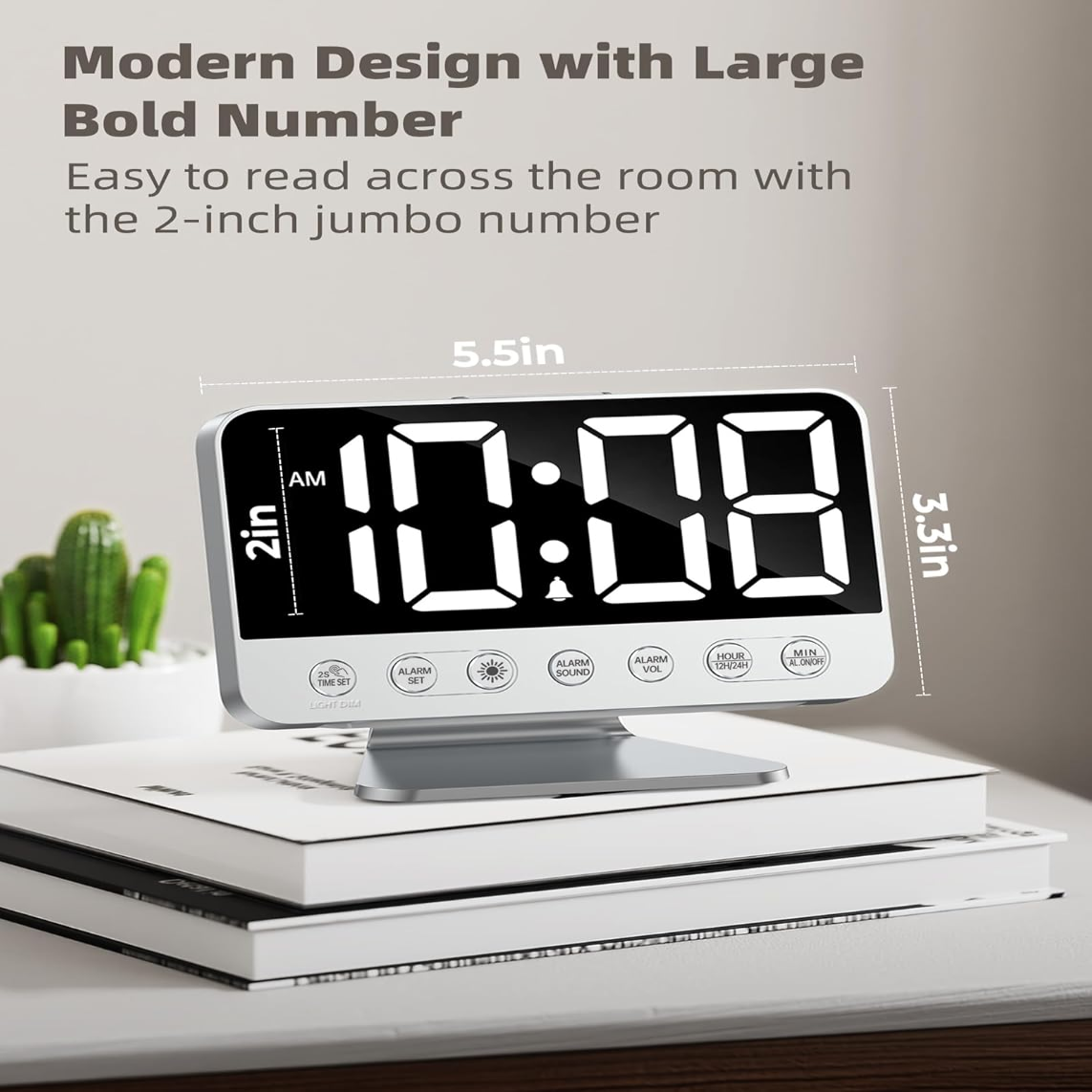 Digital Alarm Clock with Battery Backup and Phone Charging, 2-Inch Large Display