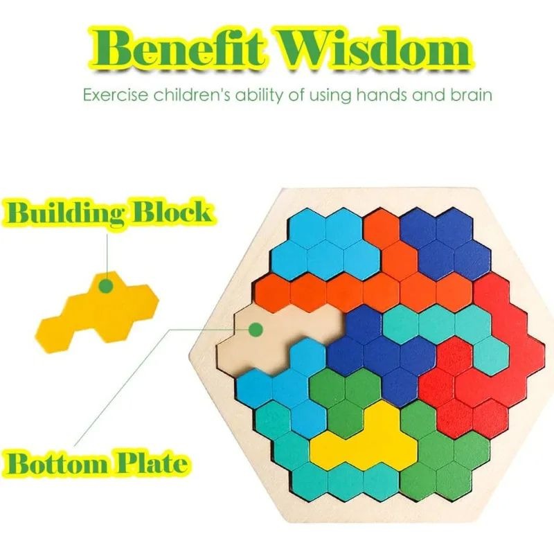 3D Hexagonal Wooden Puzzles Educational Brain Teaser Game for Children