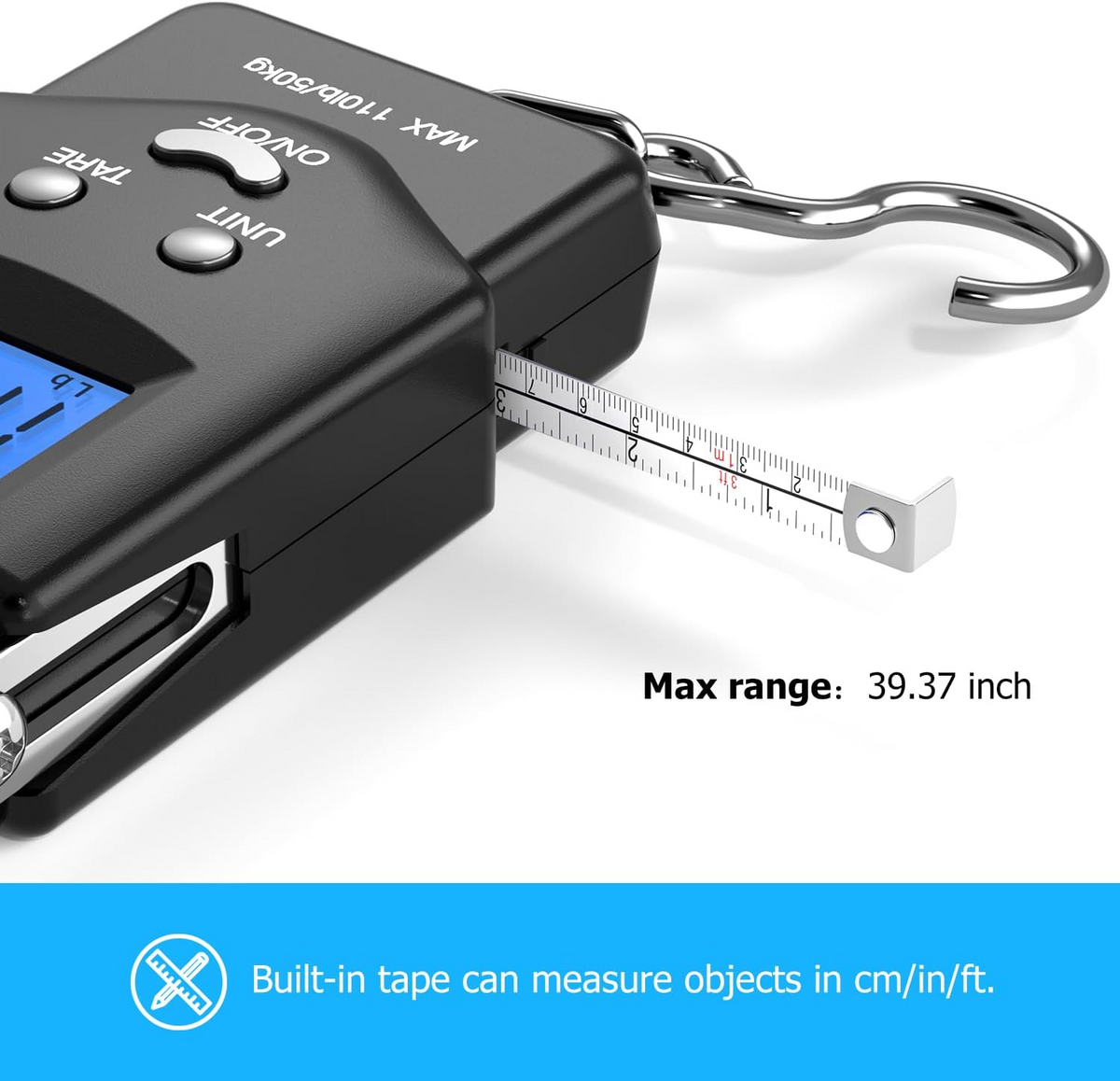 Digital Hanging Scale with Integrated Tape Measure and Blue LCD Display, 110lb Capacity