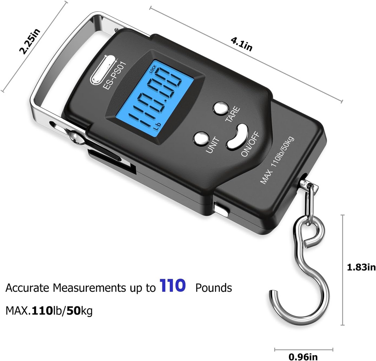 Digital Hanging Scale with Integrated Tape Measure and Blue LCD Display, 110lb Capacity