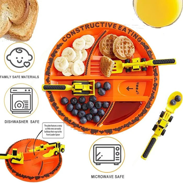 Children's Sectioned Plate with Soft Grip Utensils and Construction Theme for Ages 12 Months  Up