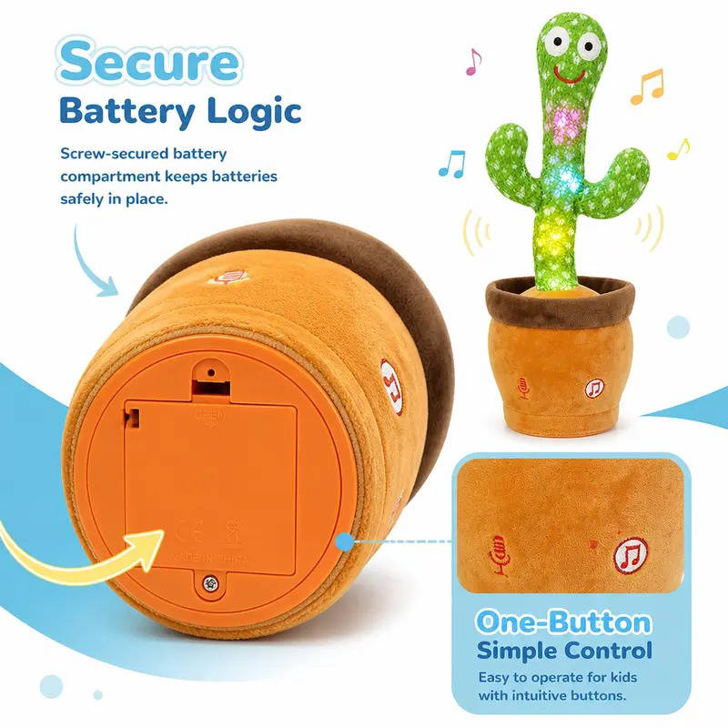 Dancing Cactus Toy, Interactive Talking and Singing Plush Toy, Repeats What You Say, LED Musical Toy for Toddlers