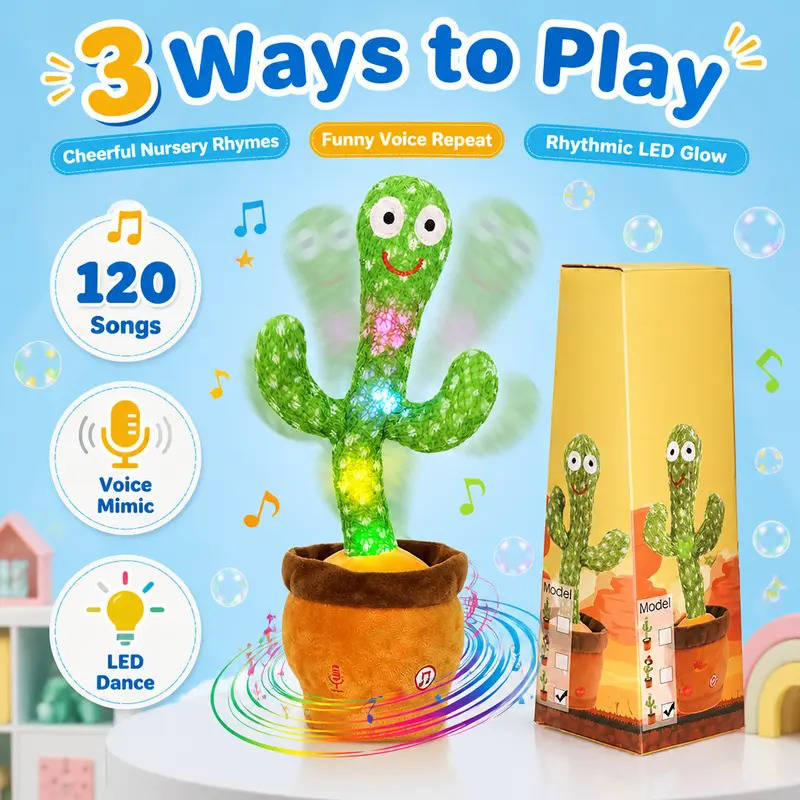Dancing Cactus Toy, Interactive Talking and Singing Plush Toy, Repeats What You Say, LED Musical Toy for Toddlers