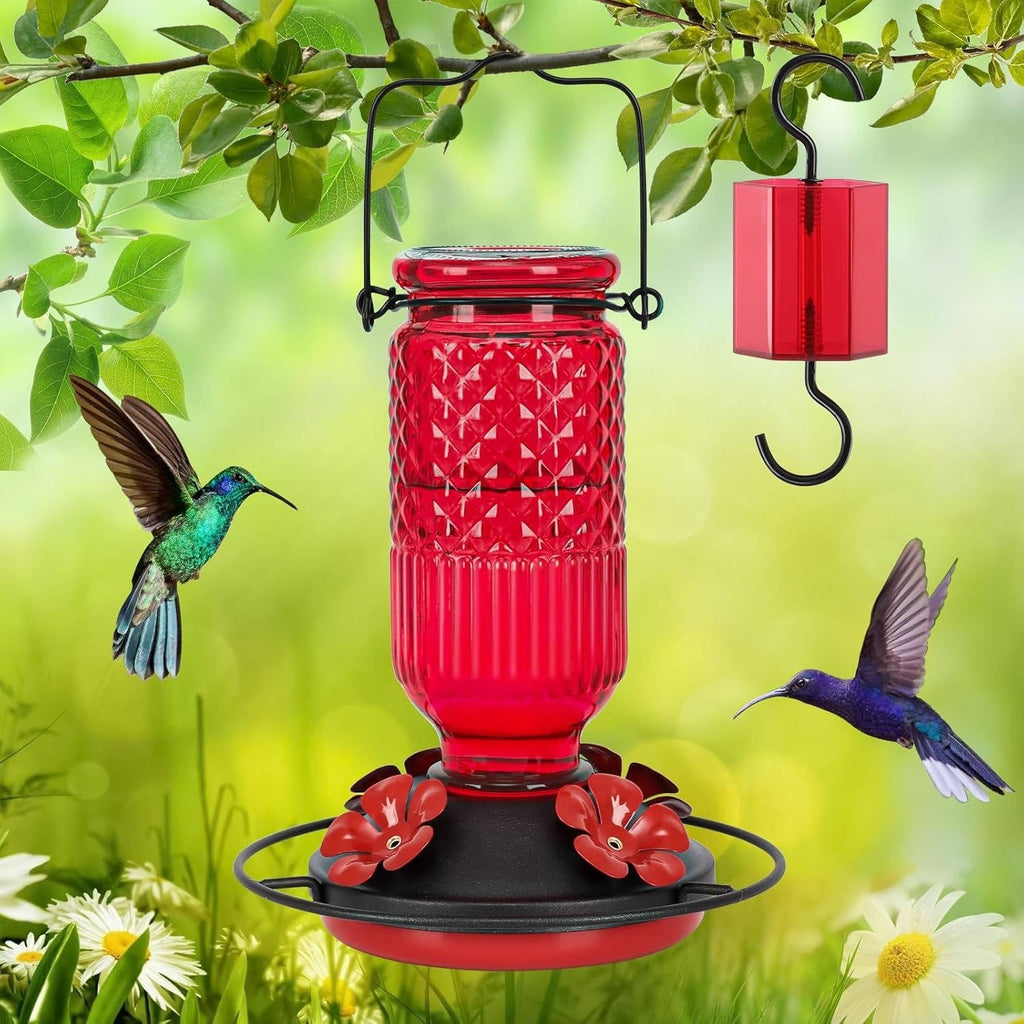 16 OZ Glass Hummingbird Feeders for Outdoors, with 4 Bee Guard Feeding Ports & Built in Ant Moat