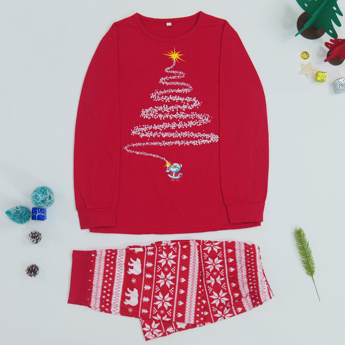 Family Matching Christmas Pajamas with Reindeer and Snowflake Print, Red or Blue