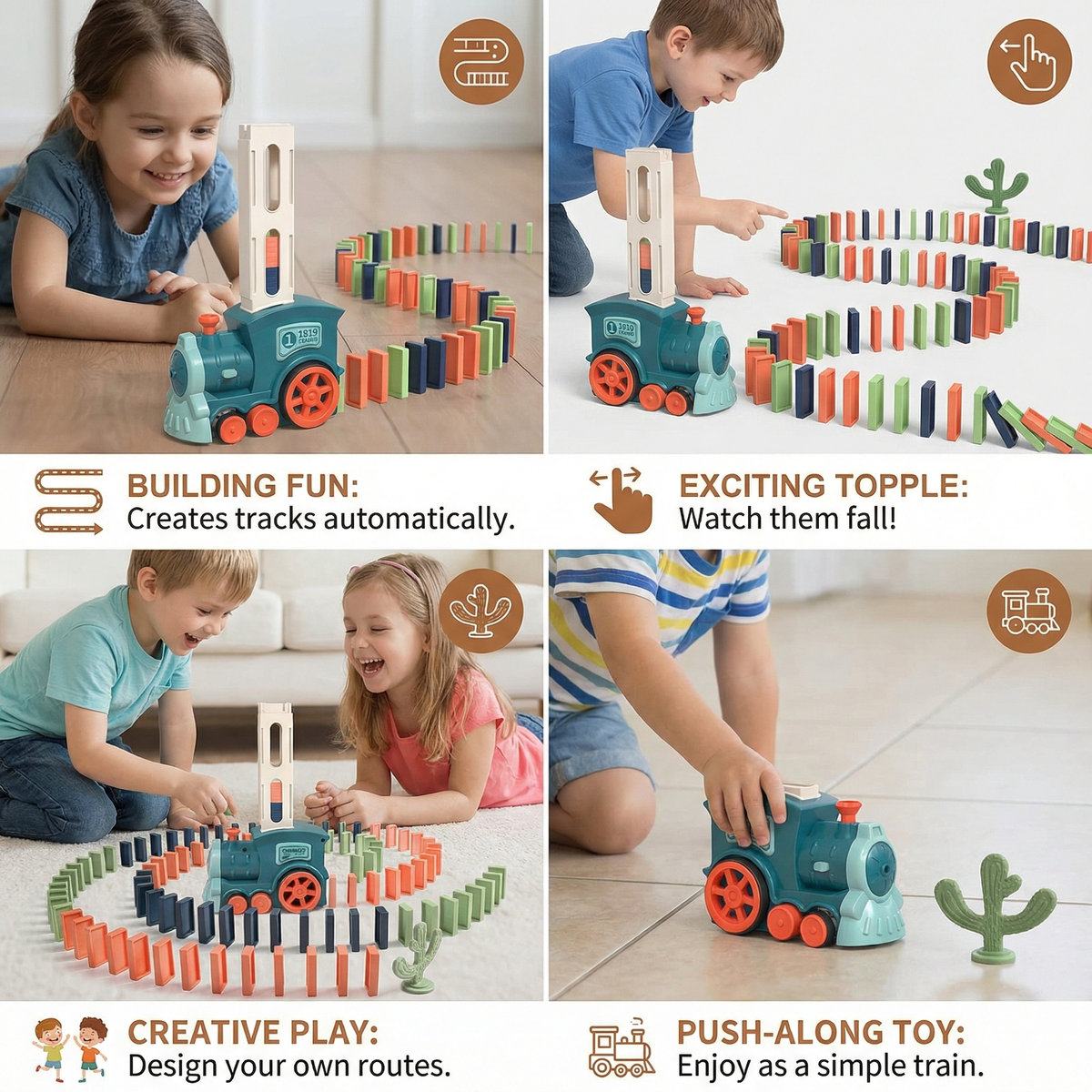 Automatic Domino Placement Train with Motorized Chain Reaction and Colorful Pieces