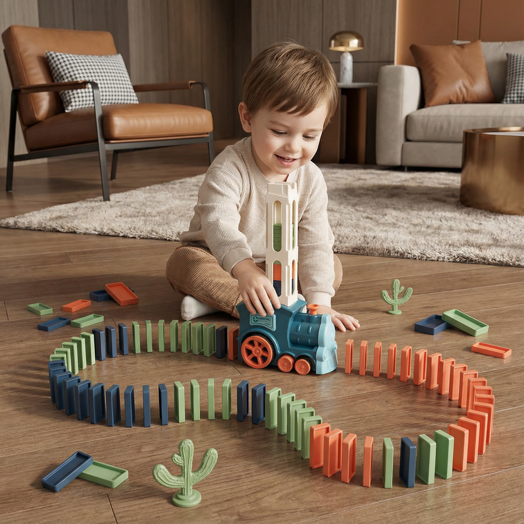 Automatic Domino Placement Train with Motorized Chain Reaction and Colorful Pieces