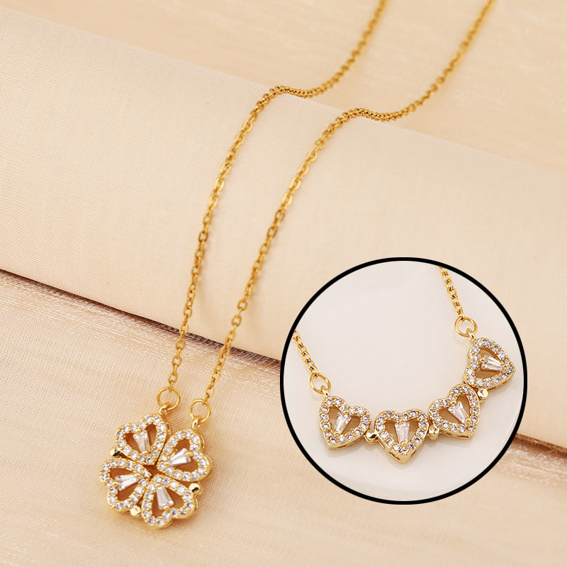 Four Heart Clover Pendant Necklace with Preserved Roses and Gift  Box